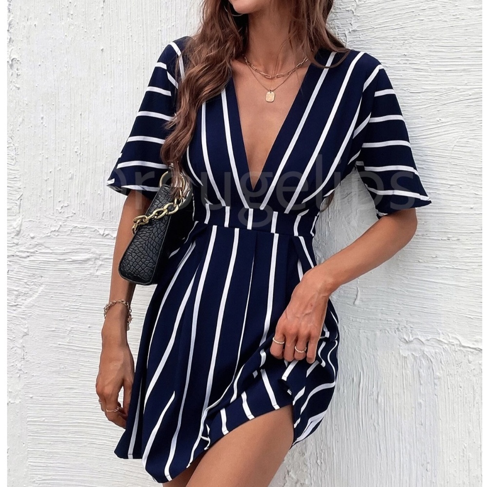 Striped White on Navy Blue Plunging V-Neck Mini Dress Batwing Sleeve